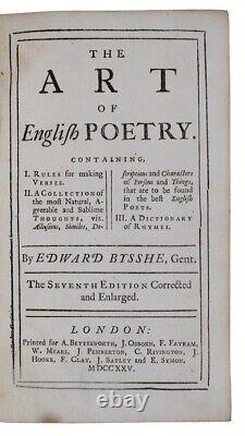 1725 ART OF ENGLISH POETRY Poems BYSSHE Verse RHYMING DICTIONARY
