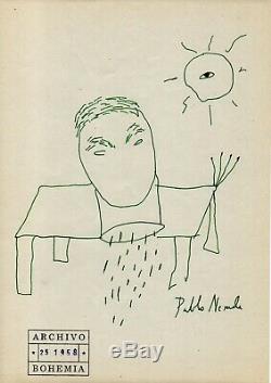 1958 Original Drawing by Pablo Neruda Signed Art Poems Poet