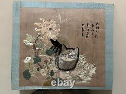 Antique Chinese Silk Embroidery Cat With Poem Panel, Wall Art