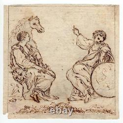 Antique Drawing-ALLEGORY-POETRY-GEOGRAPHY-HORSE-Castello-17th. C