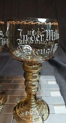 Antique German Hand Blown Enameled Roemer Wine Goblet 5 With Poem Theresienthal