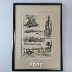 Antique William Lionel Wyllie Signed Etching Poem Verse Sothey Fought