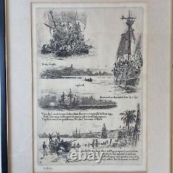 Antique William Lionel Wyllie Signed Etching Poem Verse Sothey Fought