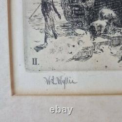 Antique William Lionel Wyllie Signed Etching Poem Verse Sothey Fought