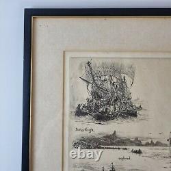 Antique William Lionel Wyllie Signed Etching Poem Verse Sothey Fought