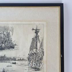 Antique William Lionel Wyllie Signed Etching Poem Verse Sothey Fought