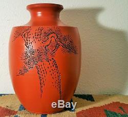 BONSAI Tokoname japanese red studio pottery poem vase vtg ikebana pine tree art
