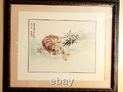 Beautiful Striped Tiger Signed Painting on Silk Lounging Tiger Cat Poetry side