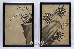 China 2 Antique Ink Chinese Calligraphy Poem Flowers On The Mountain