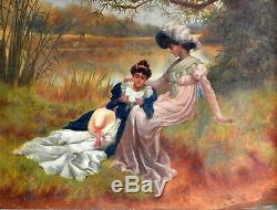 Harry Baldry (1866-1890) Large Original Oil Painting Reading Poems by The River