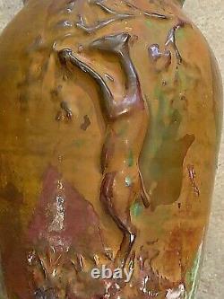 Large (16) Raku/Glazed Art Pottery Tony Evans Vase with Gazelle & Poem Vintage