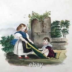 Original Signed Antique Watercolour Painting with a Poem, Young Children Playing