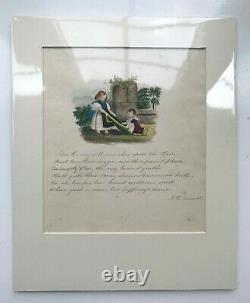 Original Signed Antique Watercolour Painting with a Poem, Young Children Playing