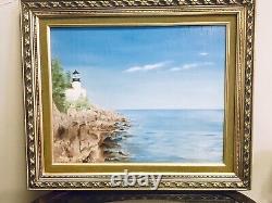 Original Signed Oil Painting /poetry Framed Matted Lighthouse Craggy Landscape