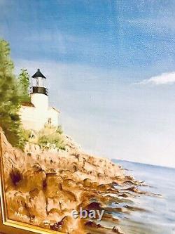 Original Signed Oil Painting /poetry Framed Matted Lighthouse Craggy Landscape