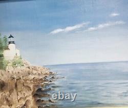 Original Signed Oil Painting /poetry Framed Matted Lighthouse Craggy Landscape