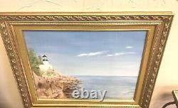 Original Signed Oil Painting /poetry Framed Matted Lighthouse Craggy Landscape