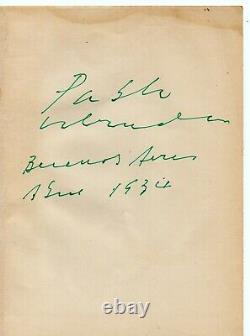 Original book page Signed PABLO NERUDA in Buenos Aires POEMS ART Autograph US