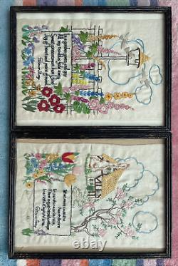 Pair Vintage Patience Strong Framed Poem Embroidery Pictures RARE