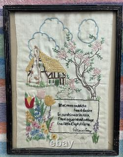 Pair Vintage Patience Strong Framed Poem Embroidery Pictures RARE