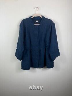 Poetry Dark Blue Navy Linen Blend Coat Jacket Lagenlook Size 14-16 UK Approx