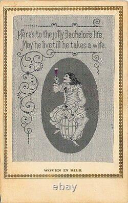 Rare Woven in Silk Here's to the Jolly Bachelor's Life Poem Postcard