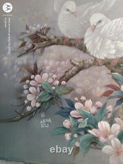 Signed Lena Liu Watercolor On Silk Silk Painting Doves Nature's Poetry Ooak