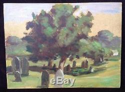 Unique Vintage Painting Graveyard Cemetery (Poem Verso) Oil Tombstones