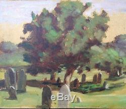 Unique Vintage Painting Graveyard Cemetery (Poem Verso) Oil Tombstones