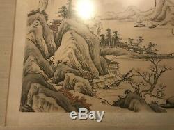 Vintage Asian Seascape Mountain Painting Poem Stamped Signed Framed